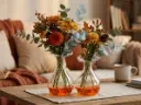 Flesjes met een laagje oranje gekleurd water en zet er een herfstboeketje.webp
