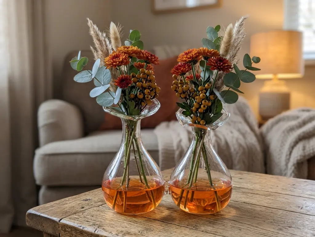 Firefly_Vul mijn flesjes met een laagje oranje gekleurd water en zet er een herfstboeketje me 329571.webp