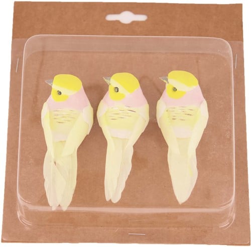 Bird on clip Geel 10,5x3,5x3,5 cm 3 stuks