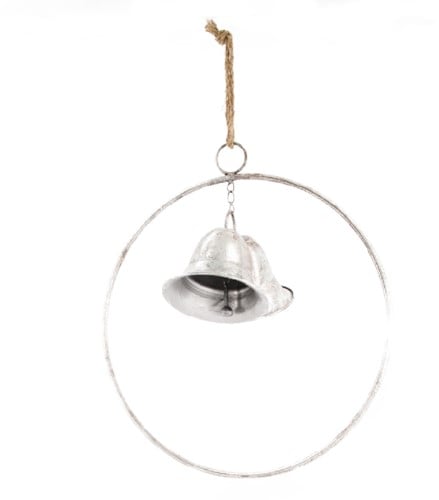 Metalen ring met 2 bellen Oud Zilver Whitewash 38x12 cm per stuk