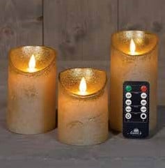 LEDkaars 3D Flame Wax Candle Rustiek Goud Anna's Collection met afstandsbediening 7,5x10/12,5/15 cm 3 stuks
