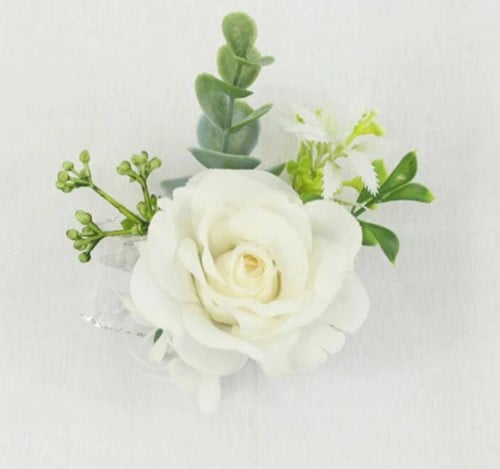 [A-023065] Luxe Polscorsage Zijden bloemen Wit Groen kant en klaar elastisch