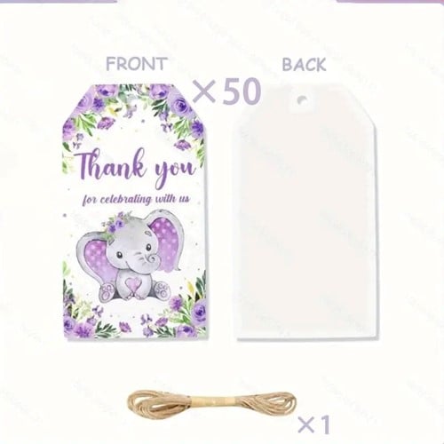 [A-027406] Bloemenkaartjes Thank you for celebrating LILA Olifantje set 50st cadeaulabels met touwtje