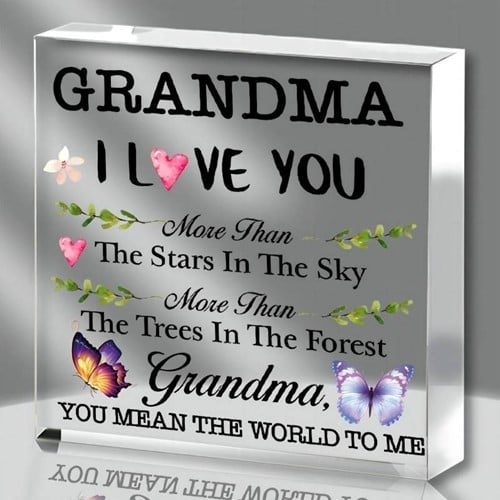 [A-025889] Plaquette vierkant Epoxy met bloem en vlinder Grandma I love You 10*1 cm 