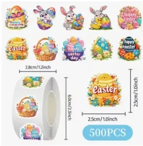 [A-027896] Sluitstickers Paashaas Happy Easter pasen  etiket 2,5 cm rol 500 labels