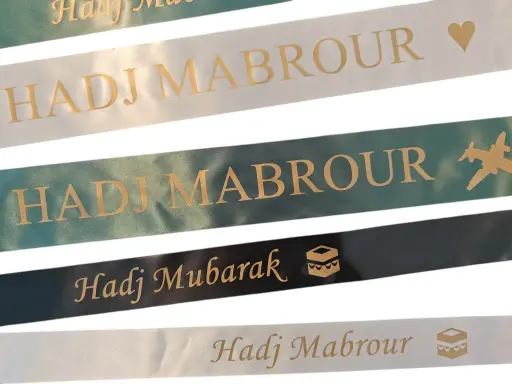 [A-028096] Hadj en Umrah Boeketlint Breed met eigen Matgouden opdruk Zwart 70 mm x 80 cm